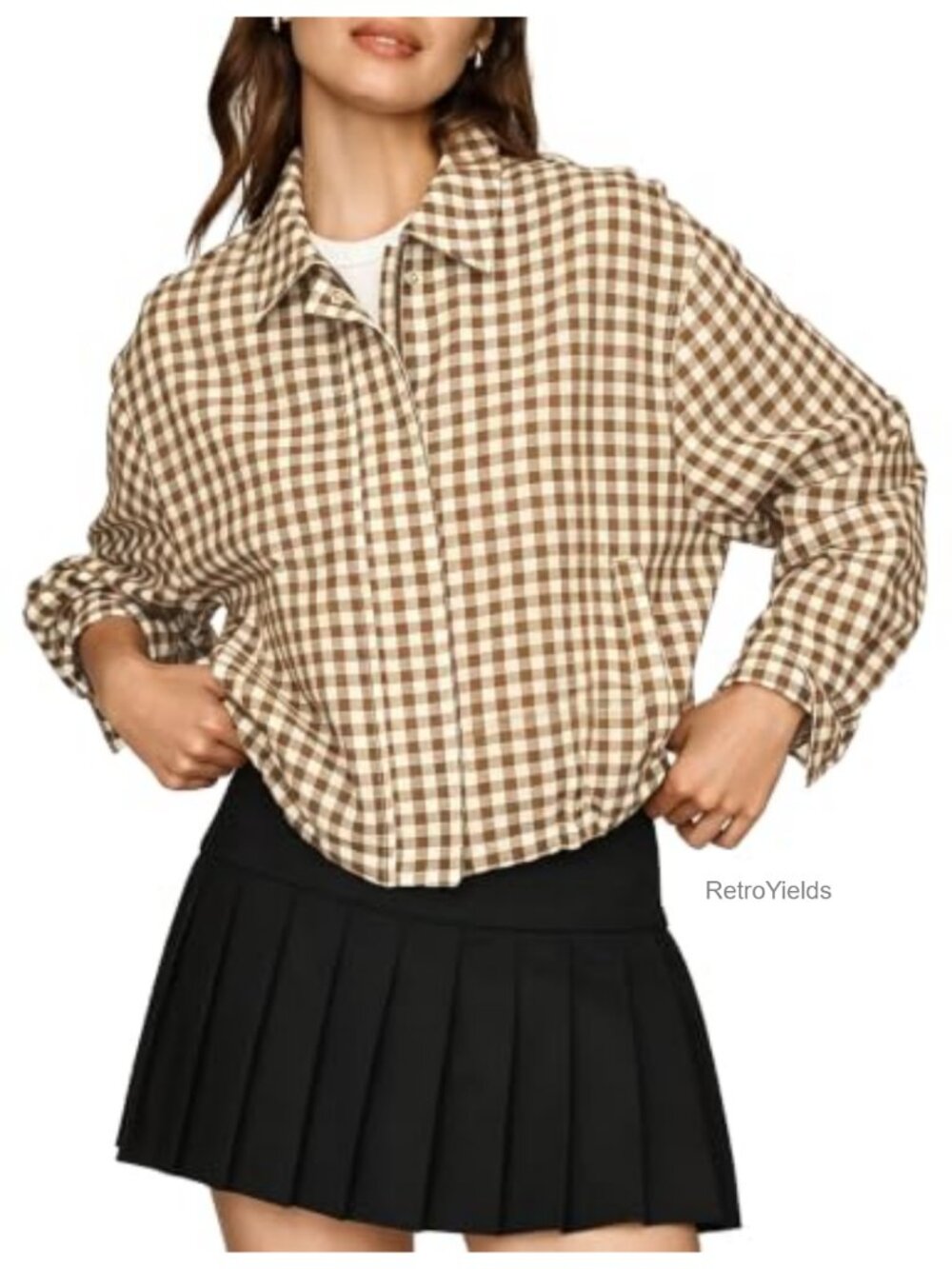 Gingham Cropped Bomber Jacket Zip Up Drawstring Hem Long Sleeve Casual